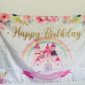 Princess Birthday Party Backdrop Pink Royal Castle, Rainbow